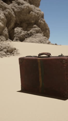 a vintage suitcase abandoned in the desert