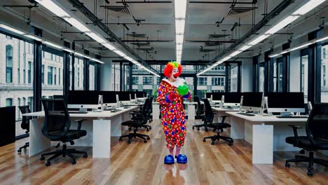 payaso en una oficina moderna vacía