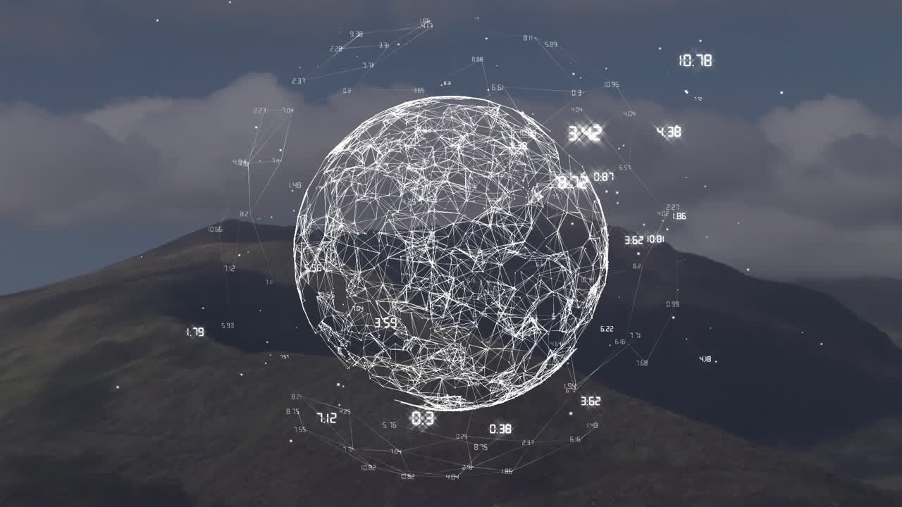 red de conexiones y animación de puntos de datos sobre el paisaje montañoso