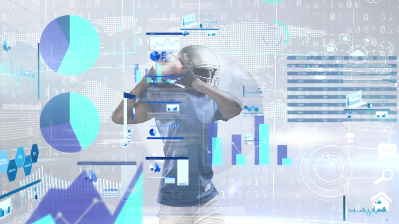 Animation of statistical data processing over african american male rugby player throwing rugby ball