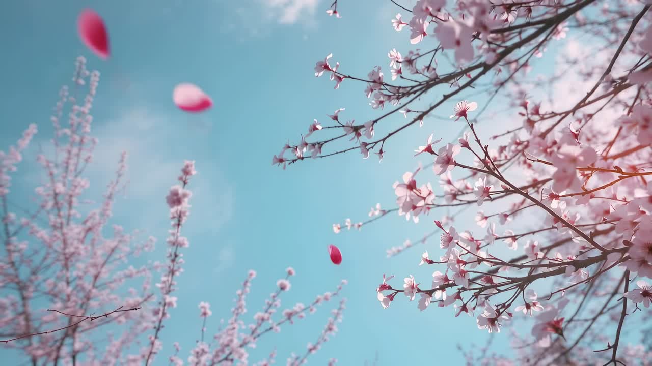 Swaying pink blooming branches losing petals under soft breeze toward blue sky in park, copy space