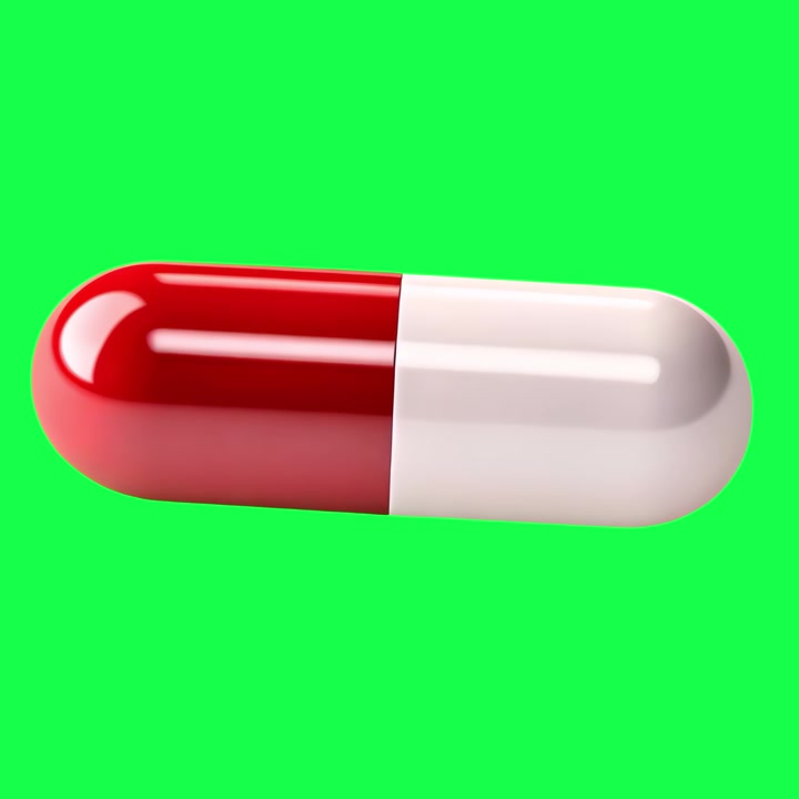 Capsula medica rossa e bianca in rotazione su schermo verde