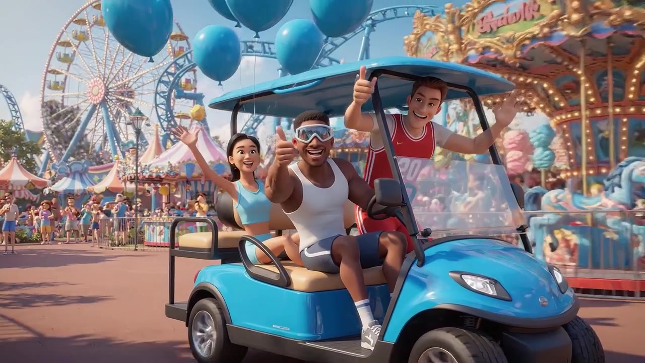 Giornata gioiosa al parco divertimenti: Amici che viaggiano su un golf cart circondati da giostre, attrazioni colorate e un'atmosfera festosa da carnevale