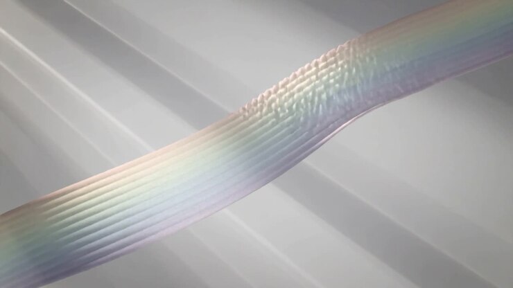 Playing iridescent ribbon moving diagonally in studio, revealing ribbed texture to show detail