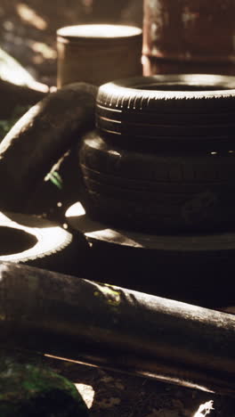 pile of old tires and other debris in a forest