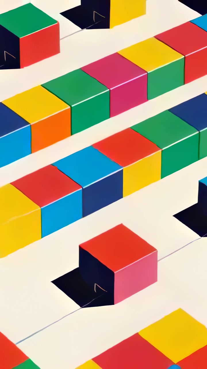 Vertical video: Panning camera revealing tethered cube while cube rows shifting on pale platform