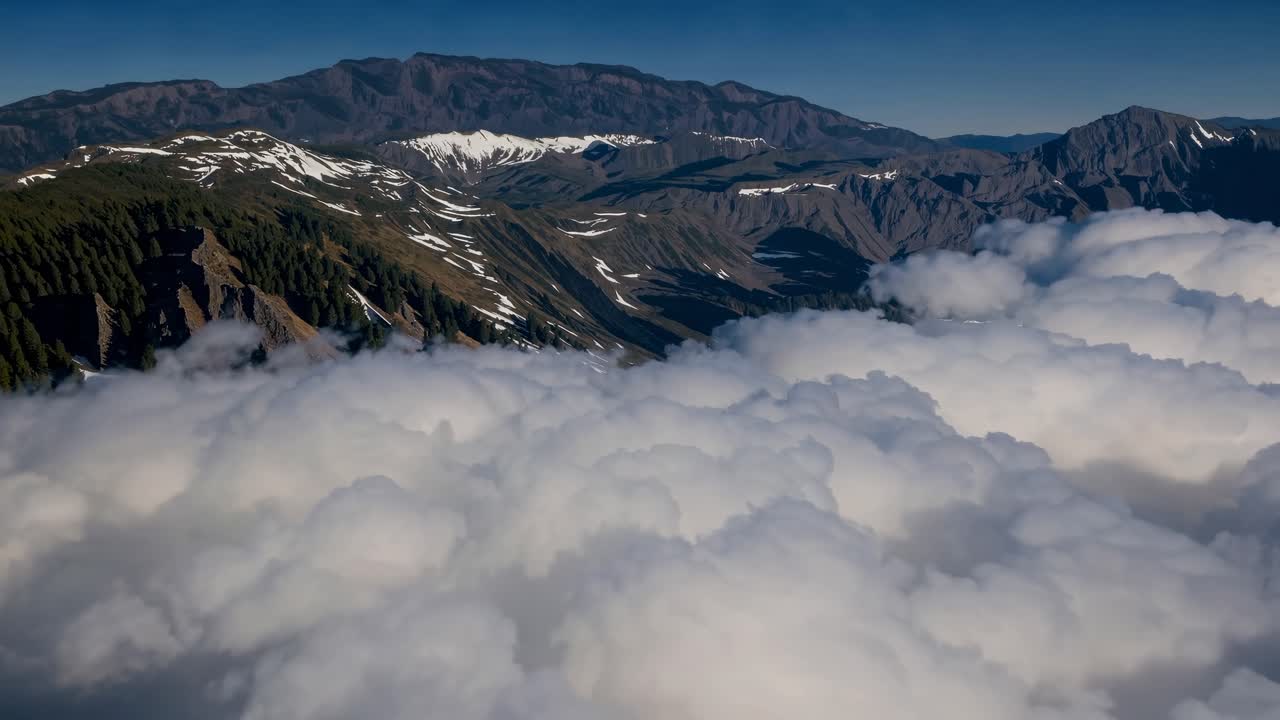 Aerial video captures a breathtaking view of mountains above fluffy clouds, showcasing a serene