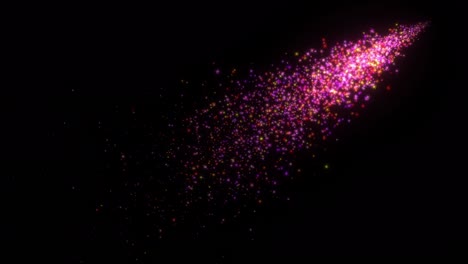 colorful glittering pink stars particles flow from bottom side to top right side on black background, vertically centered. 4k render footage.