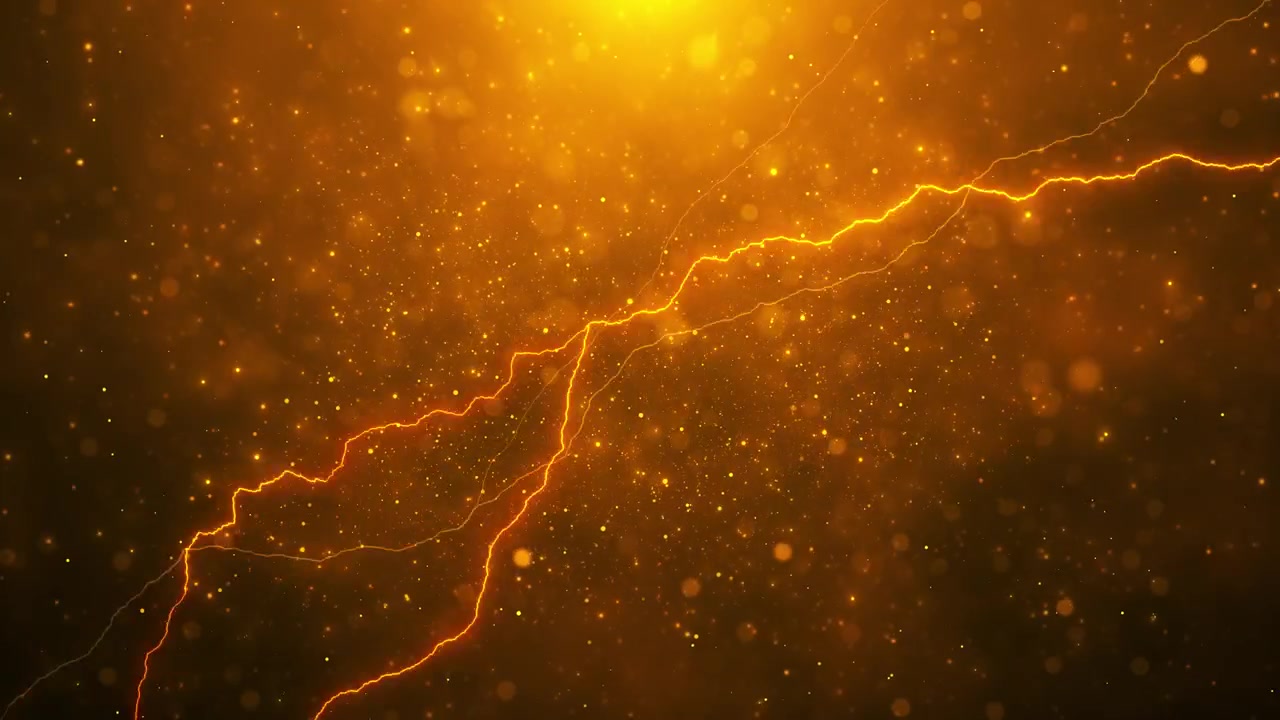 Altın rengi şimşek parçacık arka planı, elektrik çatlakları, parlak toz, sıcak bokeh, dramatik enerji gücü.