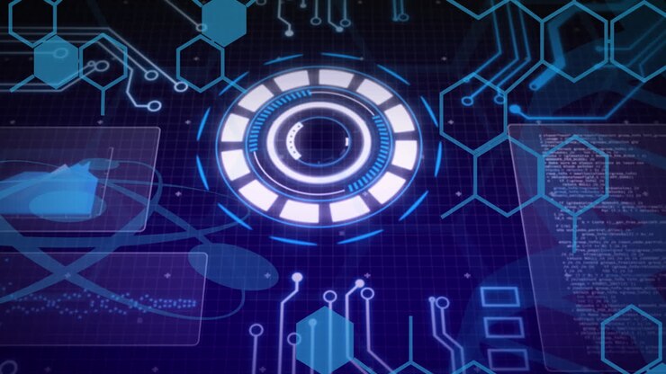 Animation of scope scanning and scientific data processing over blue background