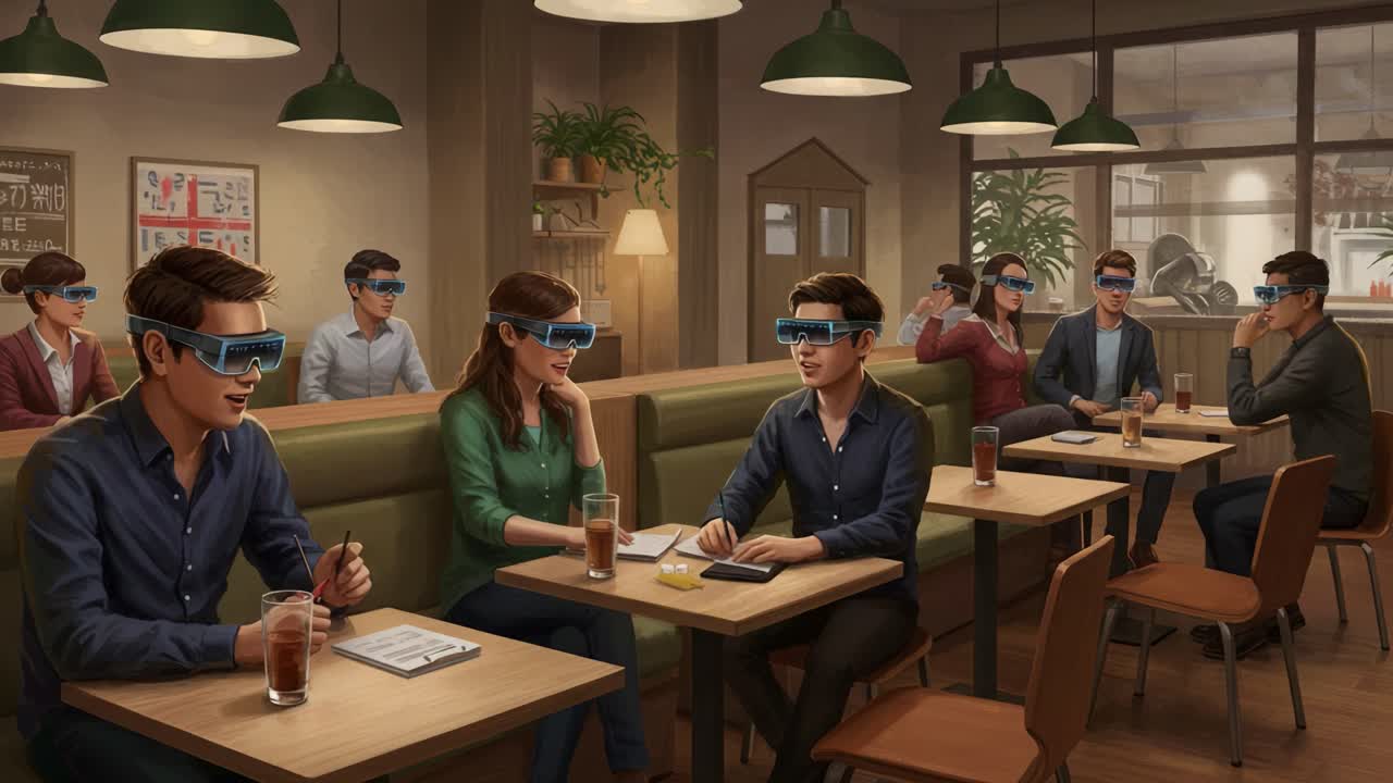A group of friends engaging in futuristic activities at a café, wearing advanced glasses while sharing drinks and conversations in a cozy environment