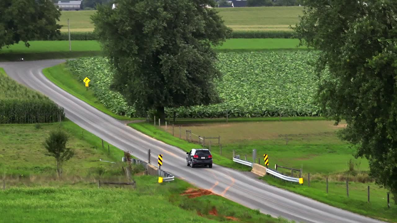 Aerial tracking shot of black car on rural road in american countryside at sunny day. Agricultural fields, trees and farm in background. Zoom shot.