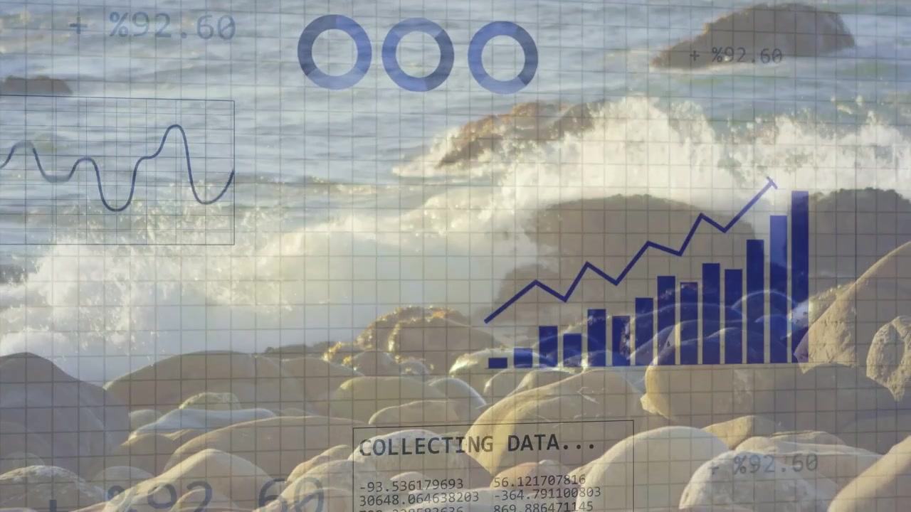 L'etichetta "RACCOLTA DATI" appare su una costa rocciosa, mostrando sovrapposizioni e un grafico a barre che cresce, trasformandosi in un'analisi di tendenza.