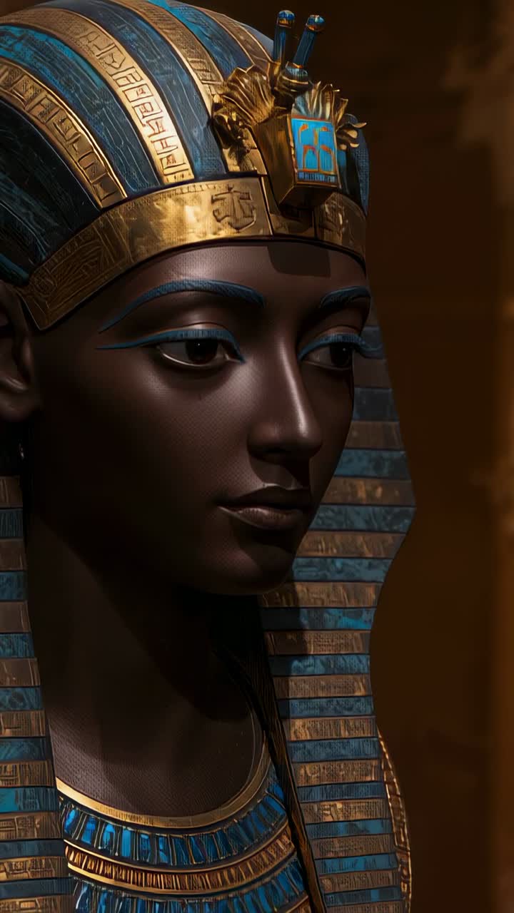 Vertical video: Playback camera drifting around bronze bust on pedestal revealing headdress