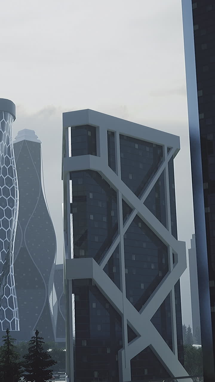 Edificios modernos en una ciudad con diseños únicos en un día nublado.