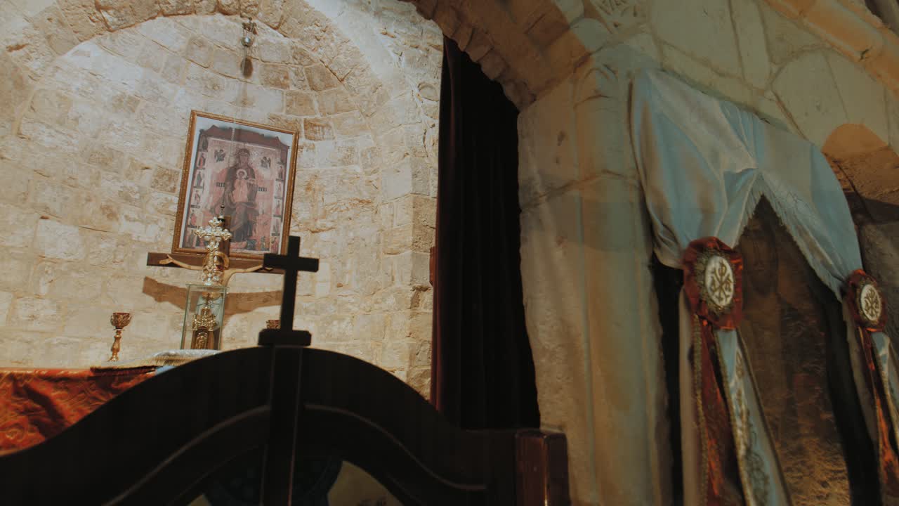 Jenin, Burqin, Palestine, West Bank, side dolly, Saint George Church interior in Burqin, Jenin. 4K footage