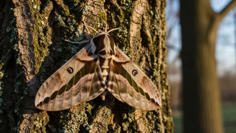 a stunning close-up of a beautiful moth resting on the bark of a tree, showcasing its intricate patterns and natural camouflage in a serene environment