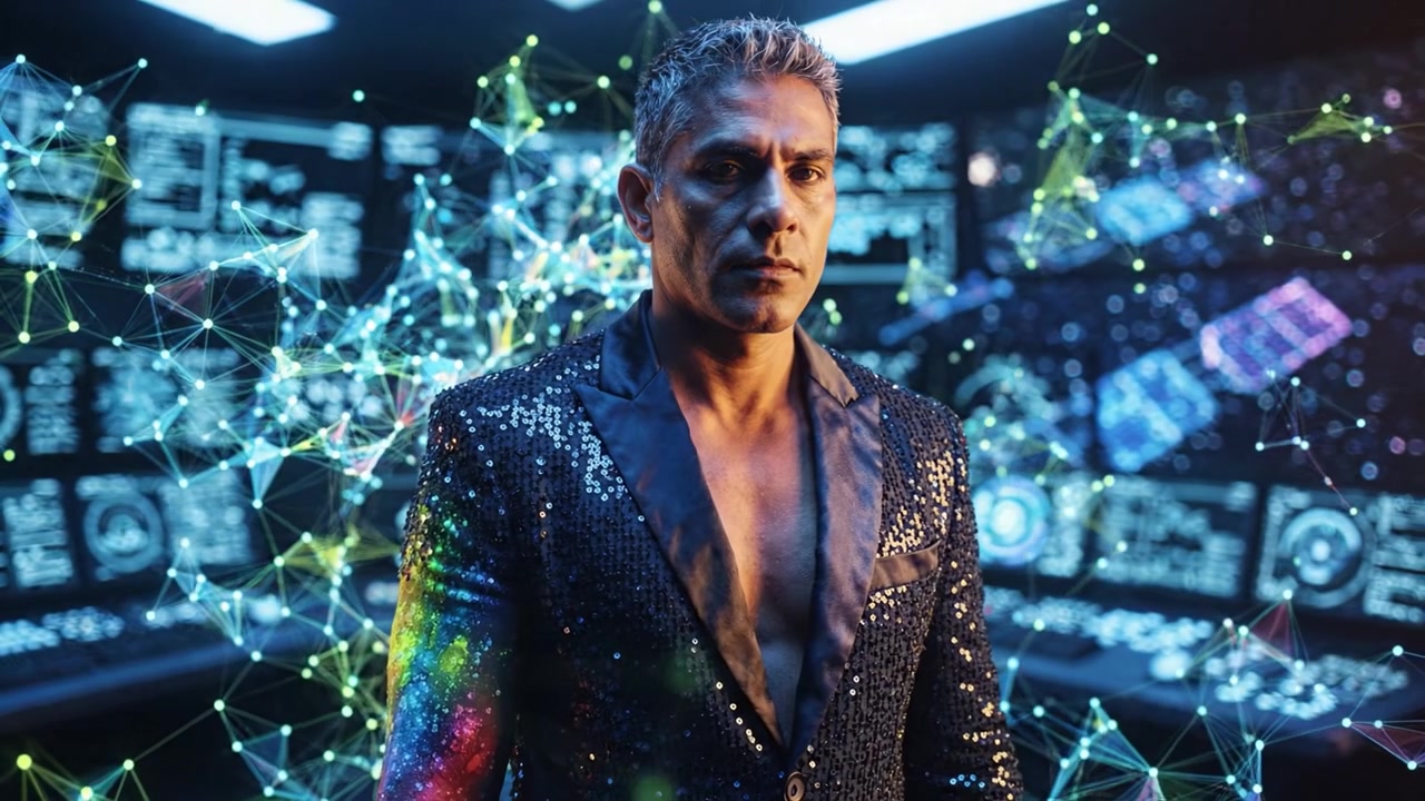 A confident man in a sequined blazer stands against a backdrop of advanced technology, surrounded by vibrant digital patterns and glowing data streams, exuding a powerful presence.