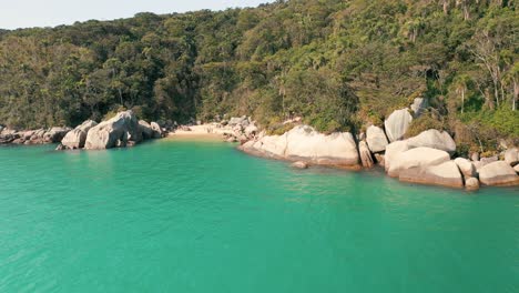 Drone-cinematic-view-approaching-a-tropical-secret-beach-in-Brazil