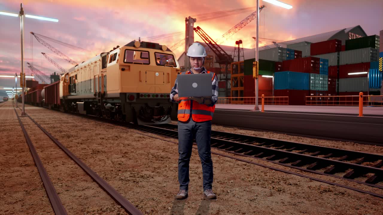 Engineer working on a laptop at a train station