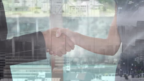 animation of businessman handshake over cityscape