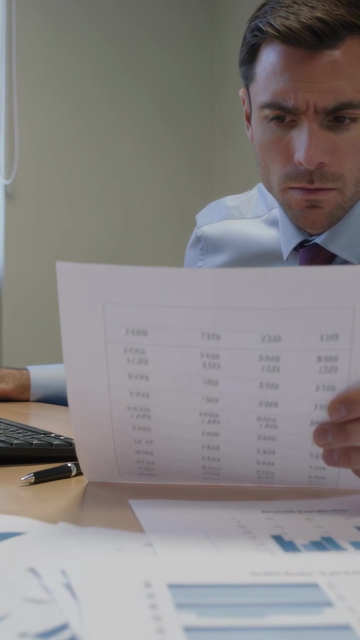 Video verticale: Uomo in camicia blu e cravatta rossa che si allunga per sistemare documenti alla scrivania con le chiavi, controllando i dati.
