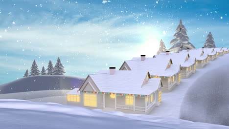 animation of snow falling over over houses in winter scenery