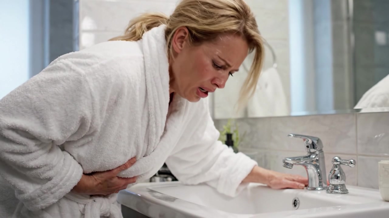 A woman in a bathrobe experiences severe discomfort while leaning over a bathroom sink, showcasing a moment of distress and unease in a personal space.