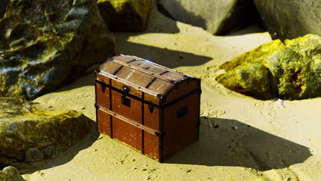 treasure chest resting on sandy beach surrounded by large rocks under sunlight