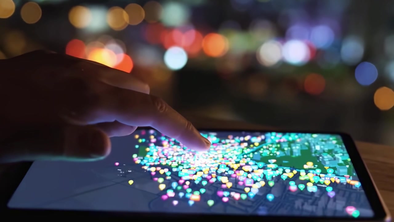 Hand Navigating Digital Map on Tablet with Glowing Pins at Night