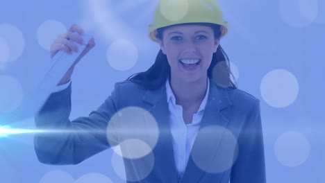 animación de rastros de luz y puntos sobre ingeniera caucásica