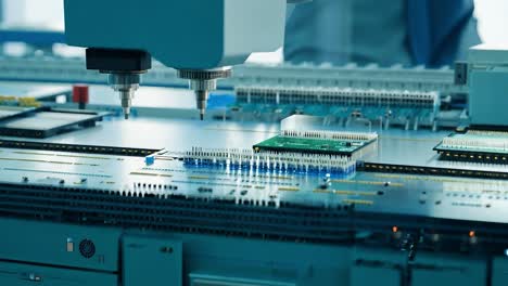 close-up of a robot arm assembling a circuit board in a factory.