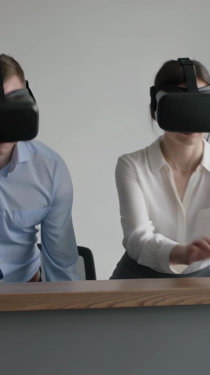 Vertical video: Pair in work clothes wearing VR headsets leaning on counter, simulation starting