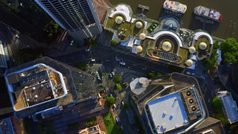 top-down aerial view of eagle street traffic in early morning, brisbane city australia