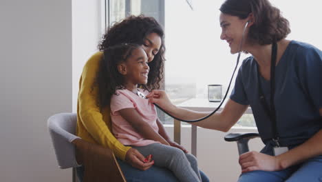 female pediatrician wearing scrubs listening to girls chest with stethoscope in hospital office
