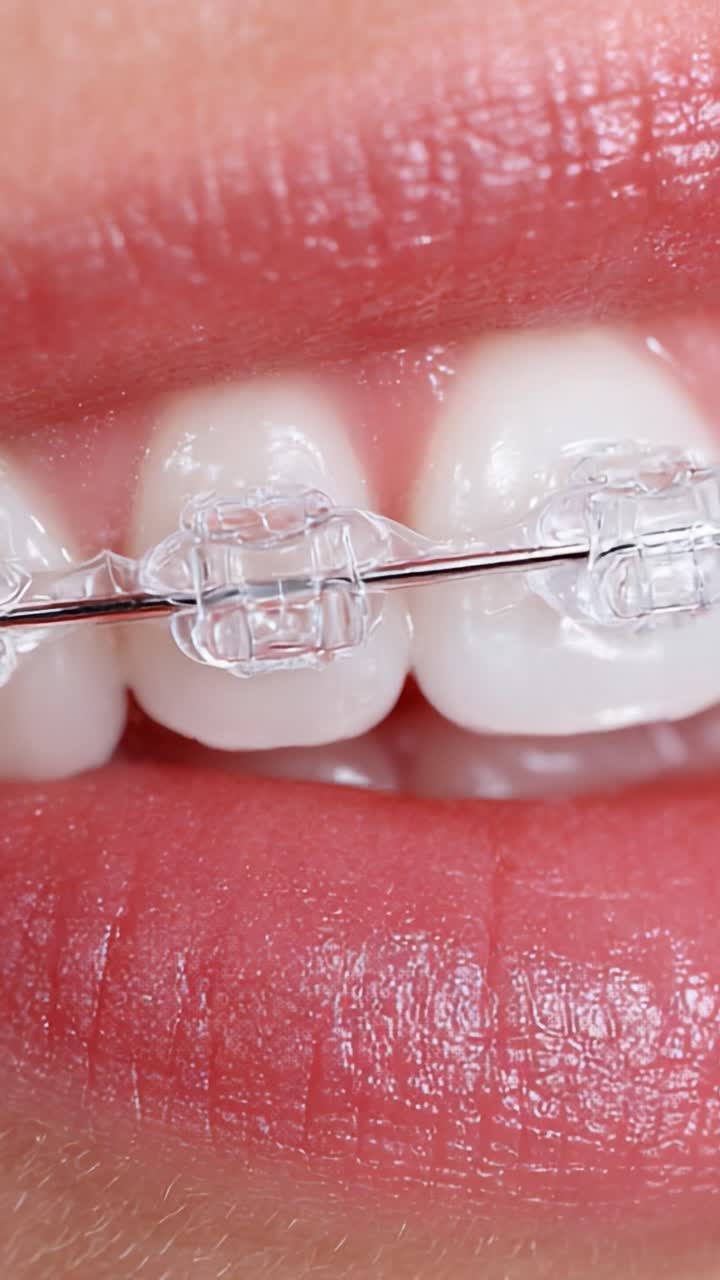Close-Up View of Clear Dental Braces with a Focus on Aligned Teeth and Smooth Patient Lips, Highlighting Modern Orthodontic Treatment Options for a Perfect Smile