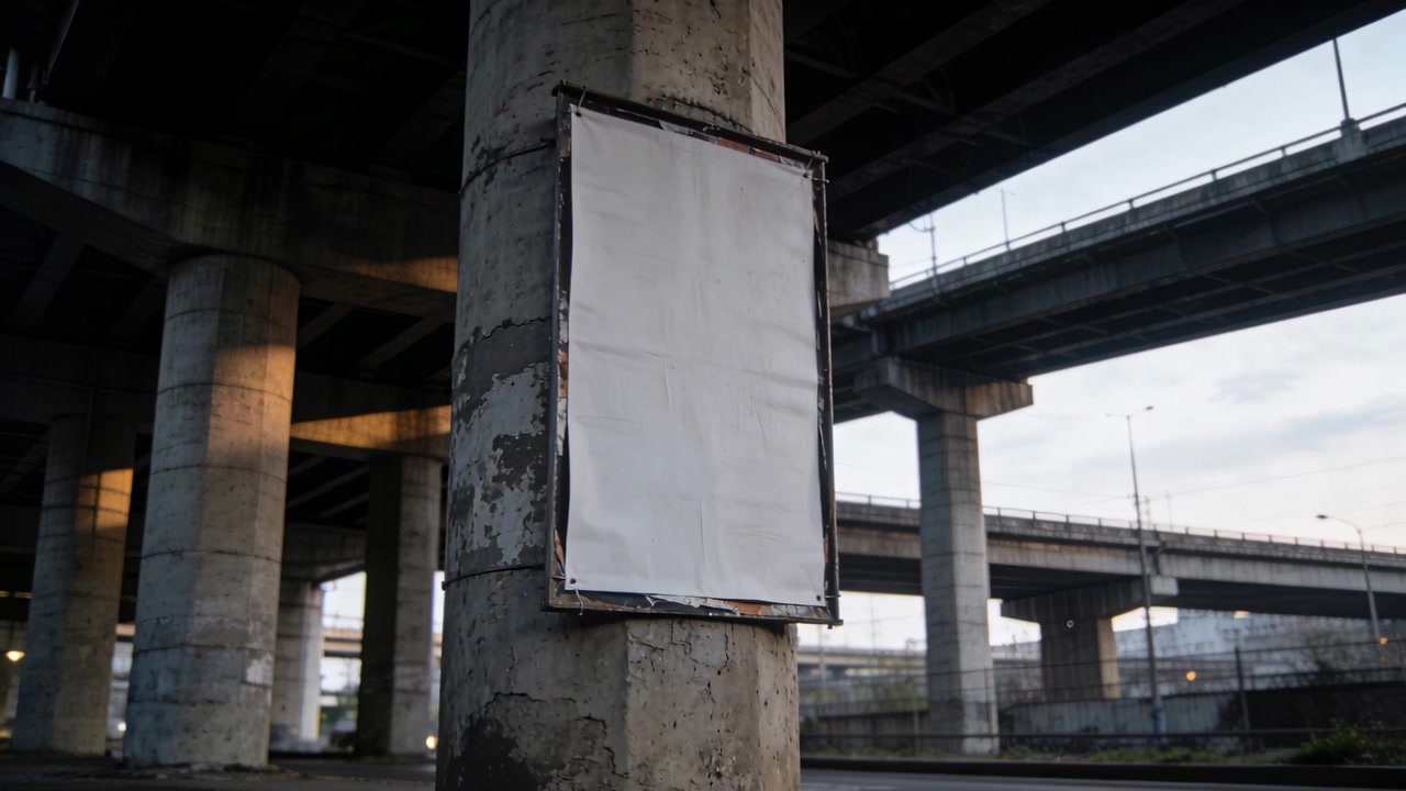 Ukazující betonový sloup s prázdným plakátem pod nadjezdem, auta projíždějící během večerní špičky.