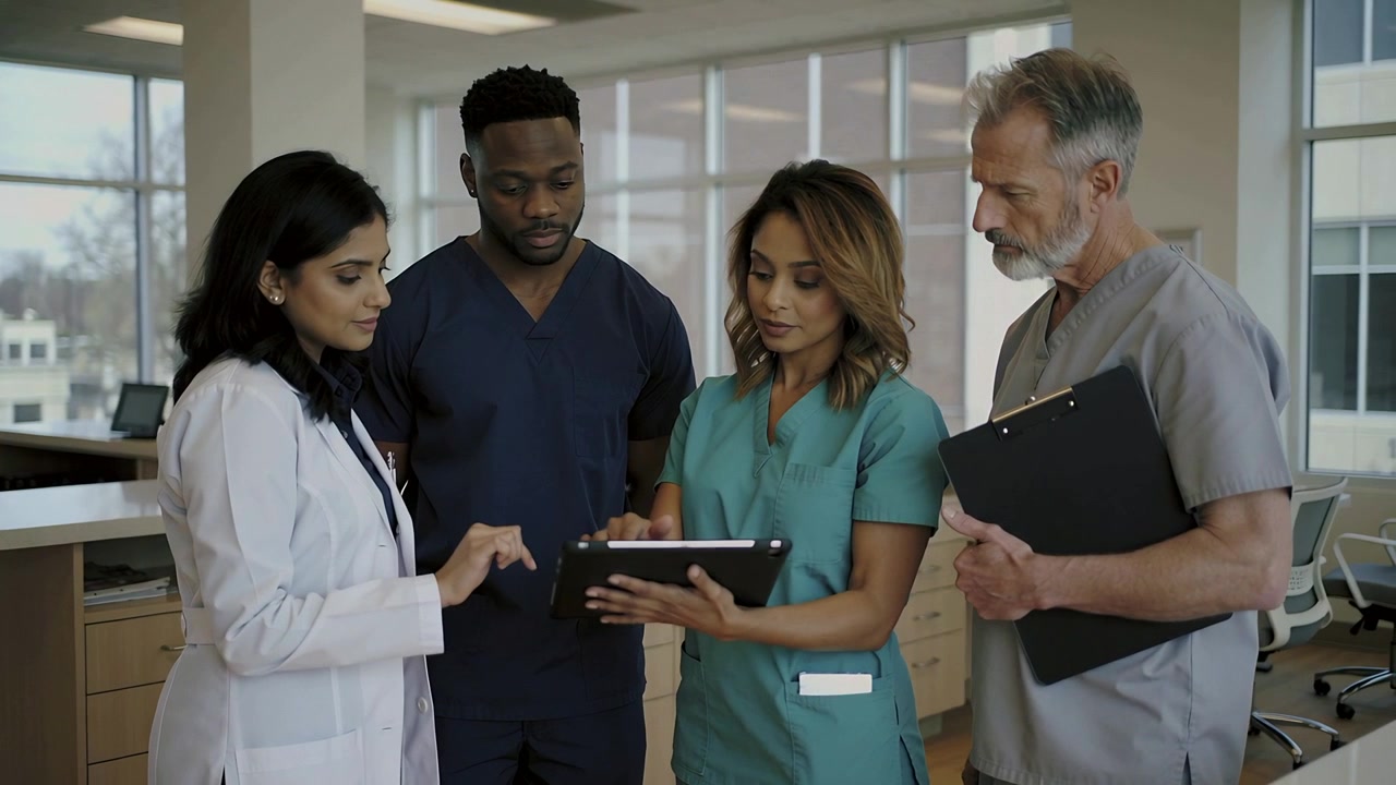 Tapping tablet, left physician at clinic, team in clinical attire reviewing chart with clipboard