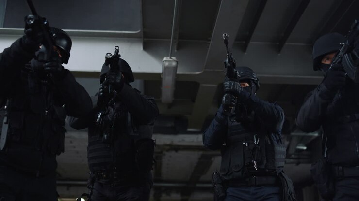 Soldati delle forze speciali che prendono d'assalto un edificio. Squadra antiterrorismo che indossa elmetti.