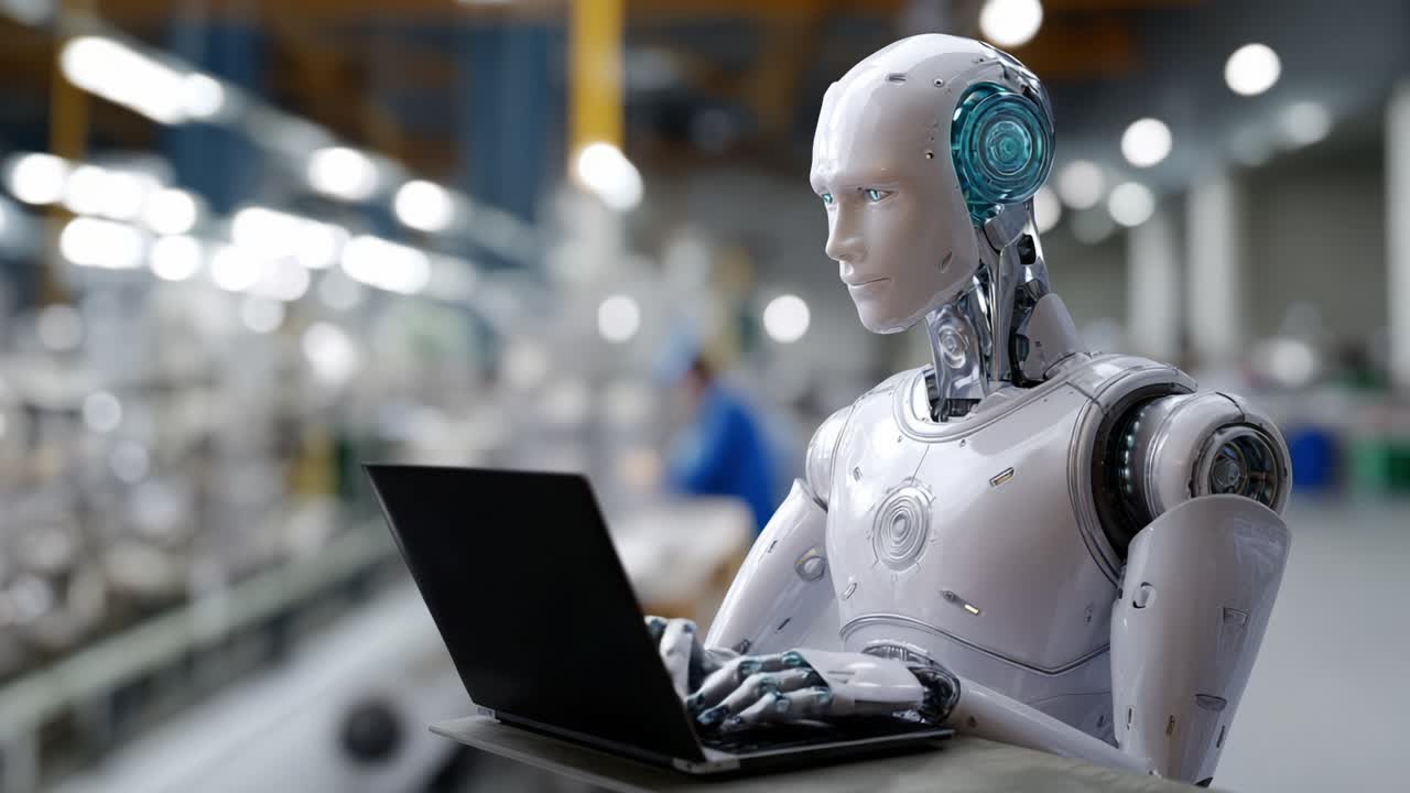 Advanced humanoid robot working diligently on a laptop in a high-tech industrial setting, showcasing a blend of technology and automation in modern manufacturing
