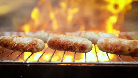 delicious juicy sausages, cooked on the grill with a fire