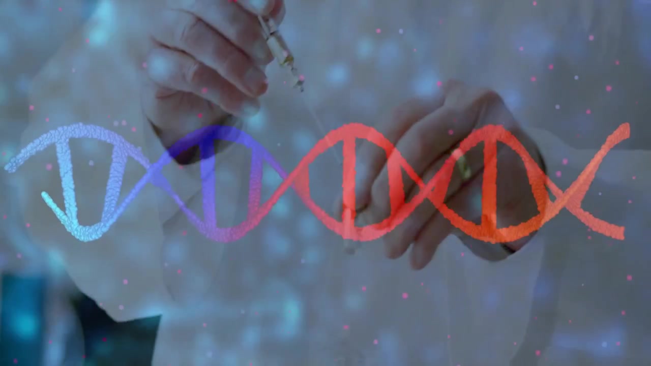 นักวิทยาศาสตร์ชายกำลังหยิบหลอดหยด หลังจากภาพซ้อนเกลียว DNA เข้มข้นขึ้น, เพื่อหยดตัวอย่างสำหรับการวิเคราะห์