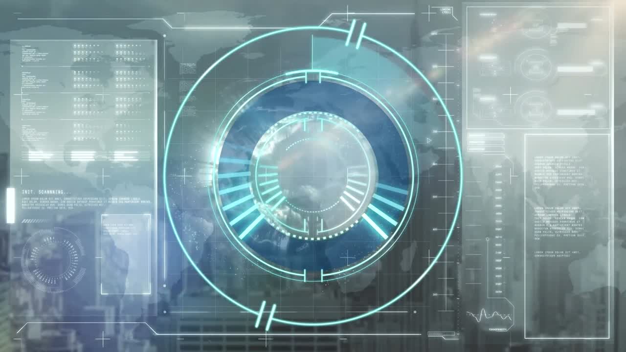 Animation of scope scanning over data processing and cityscape