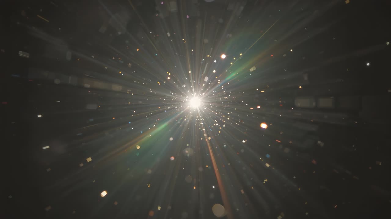 Initiating dim glow, central light intensifying in void, sending rays, drifting dust, colored flare