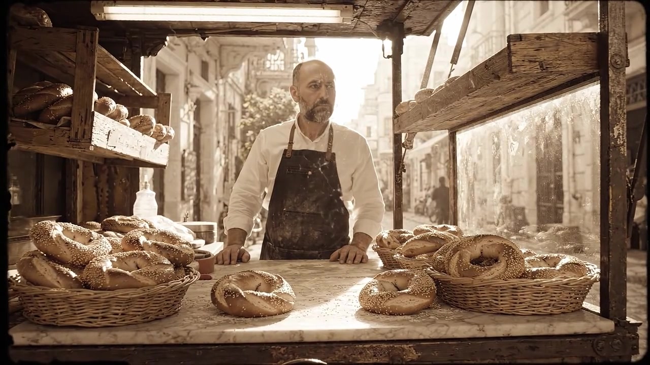 Ein Handwerksbäcker präsentiert frisch gebackene Bagels an einem Marktstand im Freien, gebadet in warmem Sonnenlicht, in einer charmanten Straßenkulisse.