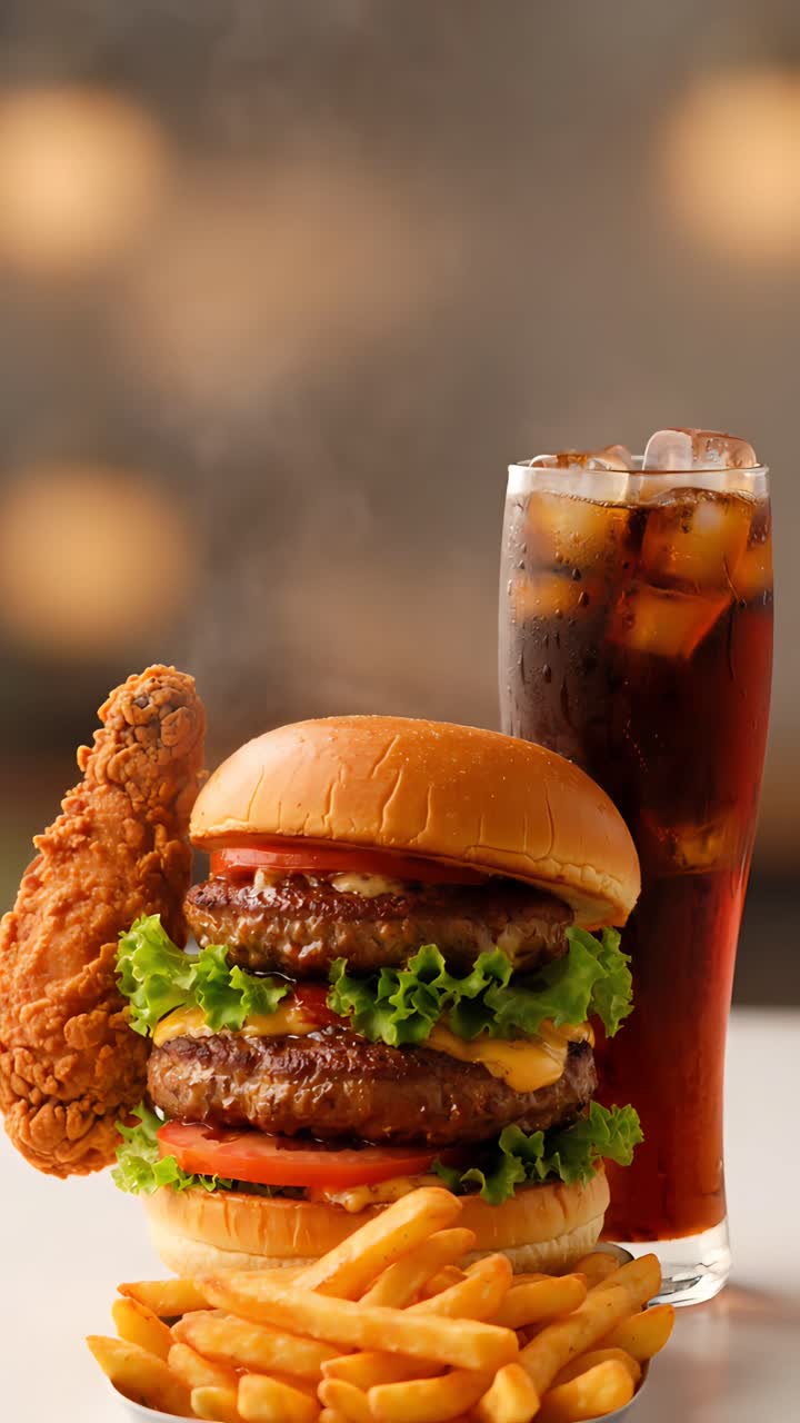 Hamburger 4K Fast Food con pollo fritto croccante e patatine fritte. Sfondo cinematografico.