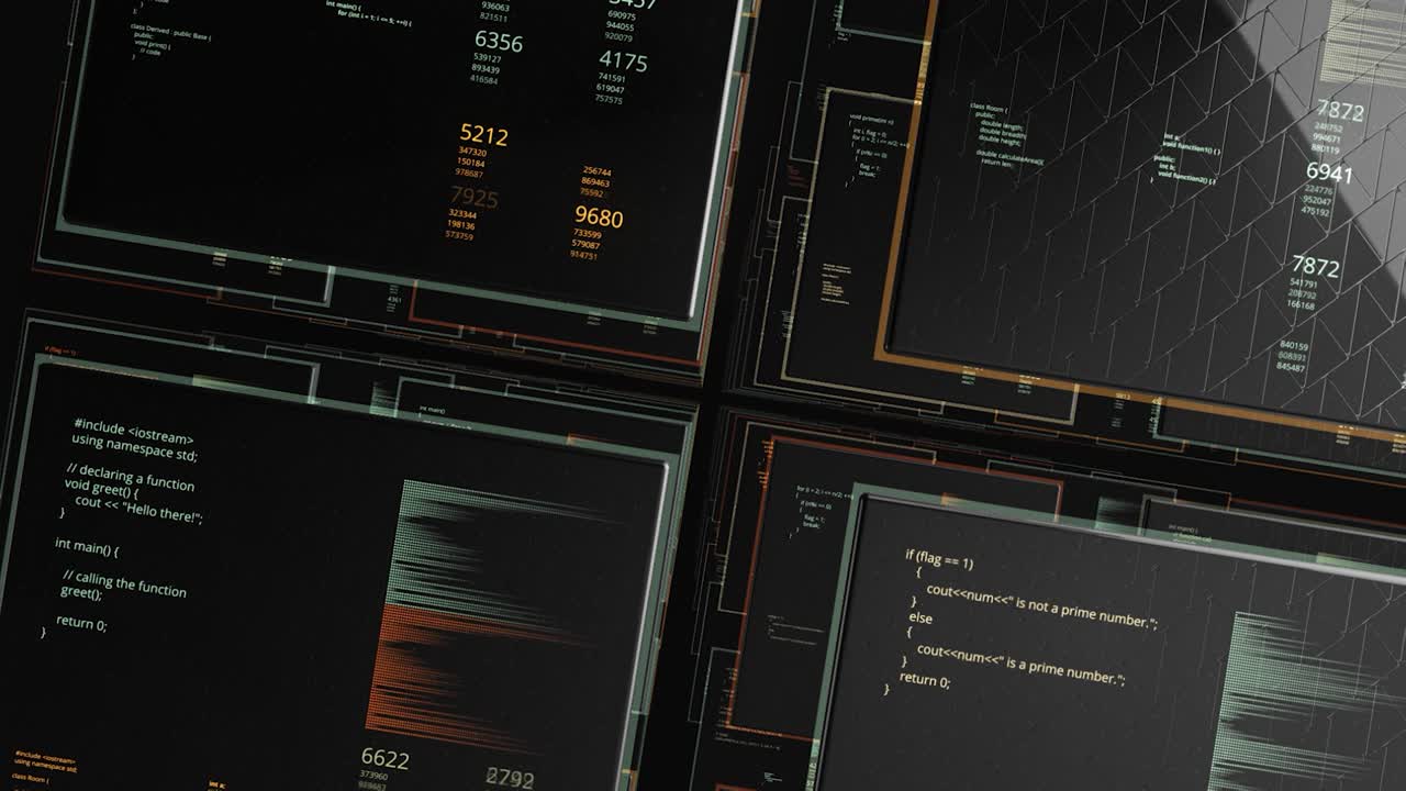 Abstract screens with digits, graphs, abstract scientific graphic background, seamless loop. Animation. 3D visualization of flying modern digital panels