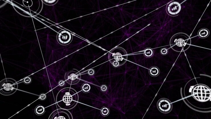 Animation of network of connections with icons over dark background