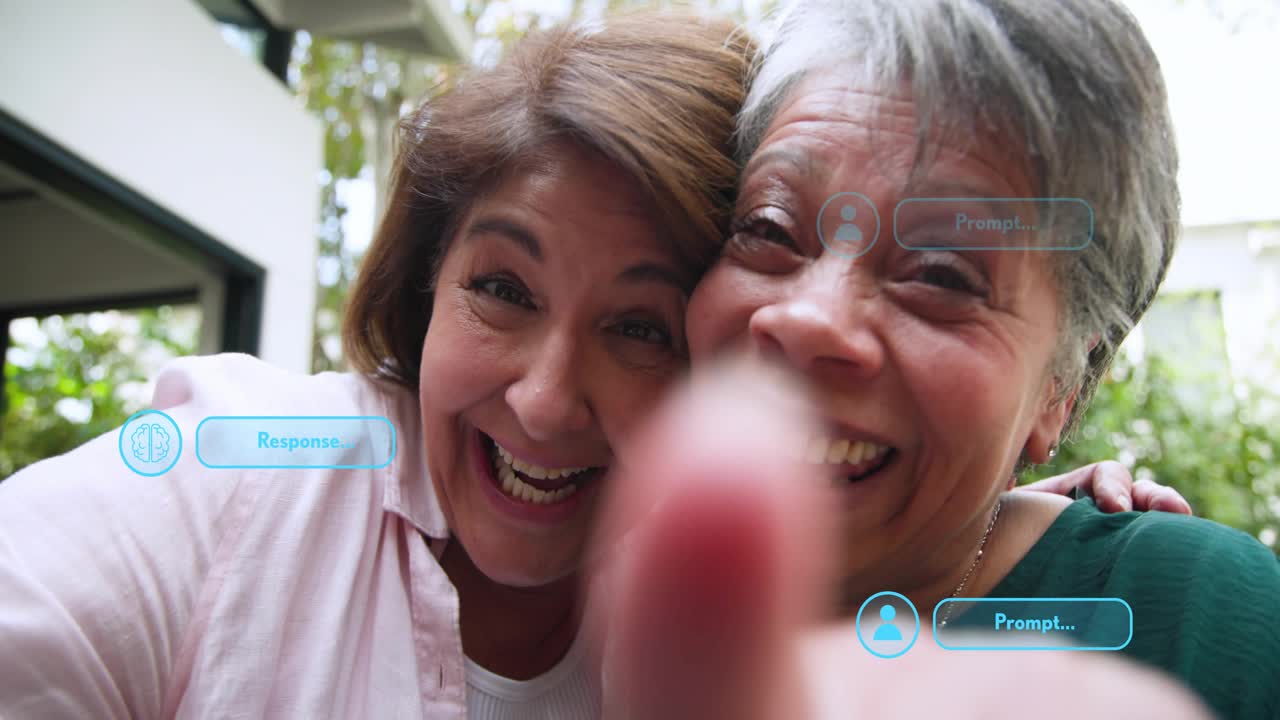 Two women holding phone extending arm causing blue UI around faces camera zooming for social media
