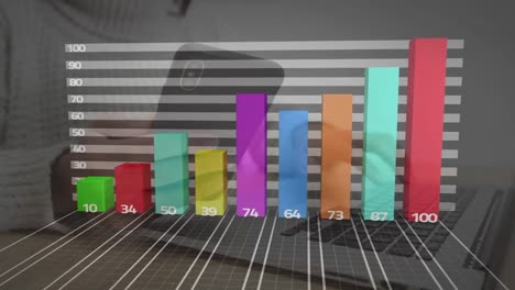 animation of statistics processing over businessman using smartphone and laptop